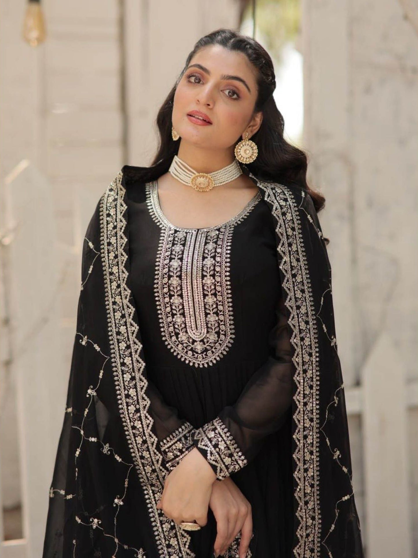 Black Faux Blooming Gown with Dupatta with Embroidered work (Set of 2)