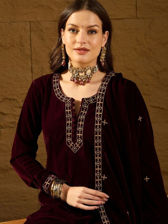 House of Pataudi Yoke Design Notch Neck Velvet Kurta