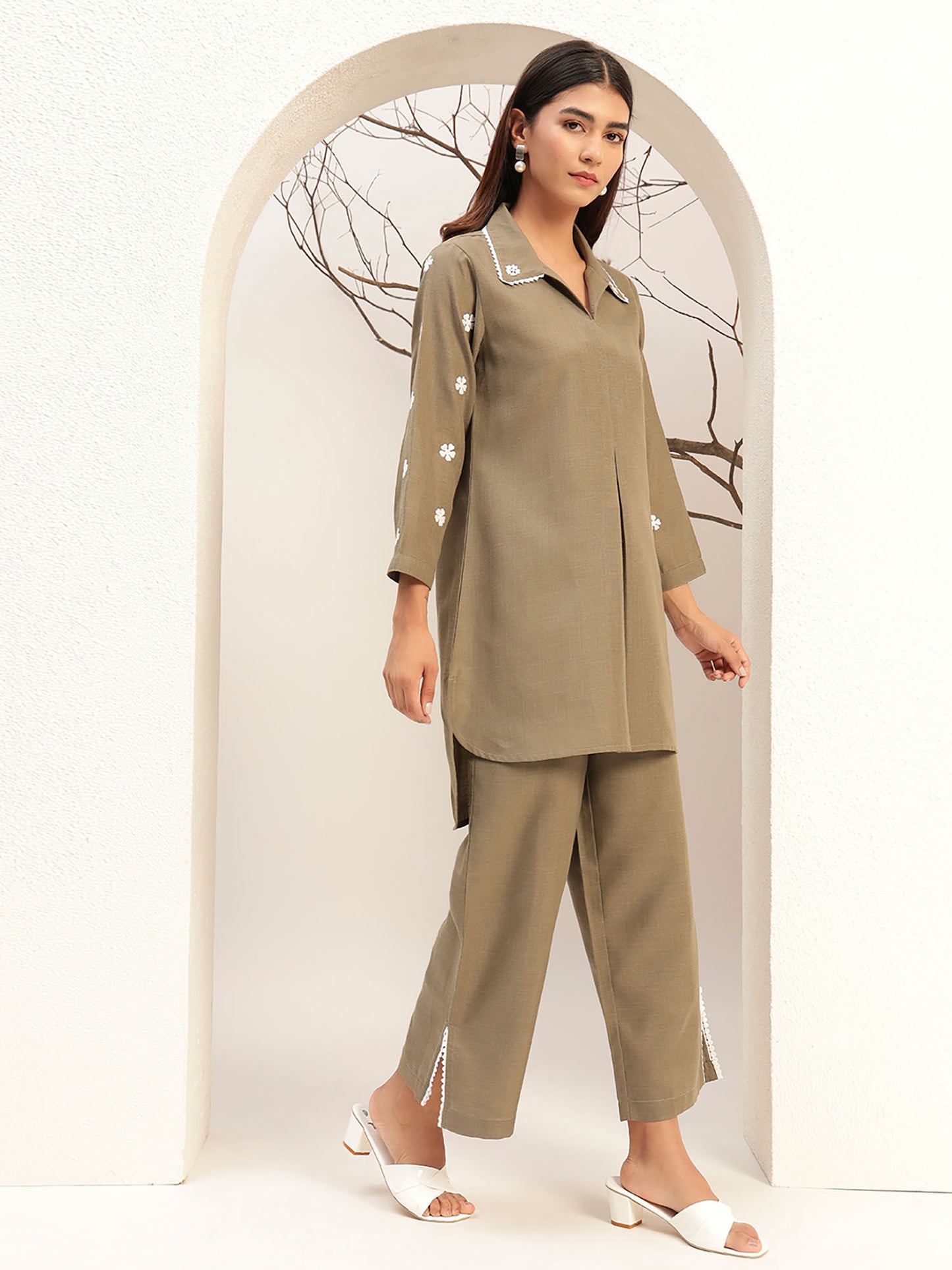 Grey Color with Collar Neck Caual Tunic with Trouser Co-Ord Set Of 2