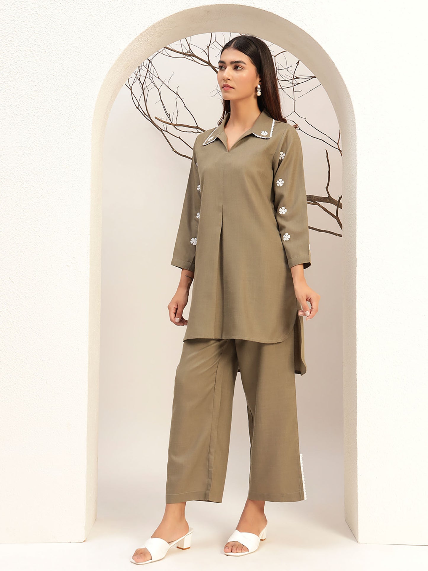 Grey Color with Collar Neck Caual Tunic with Trouser Co-Ord Set Of 2