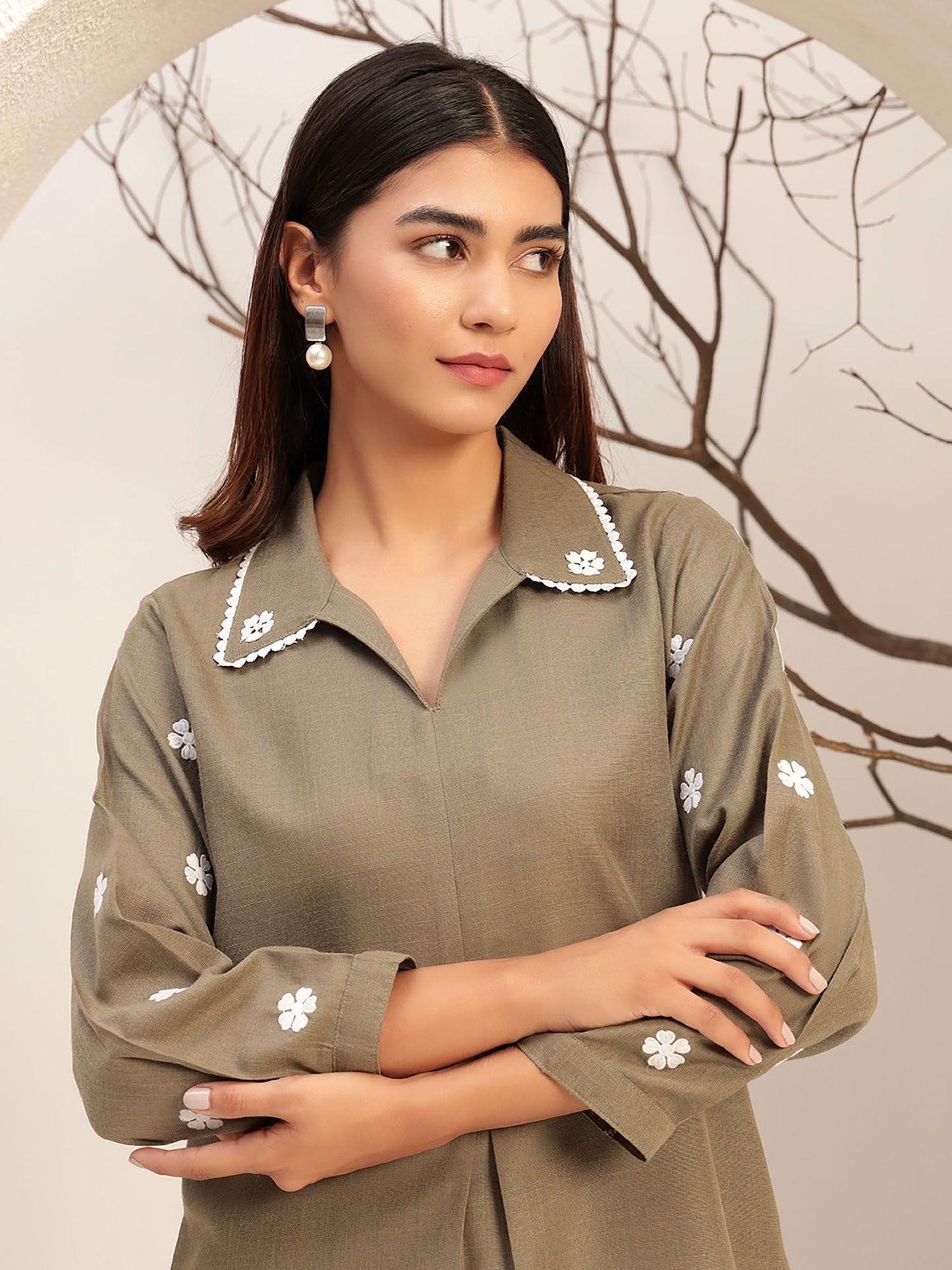 Grey Color with Collar Neck Caual Tunic with Trouser Co-Ord Set Of 2
