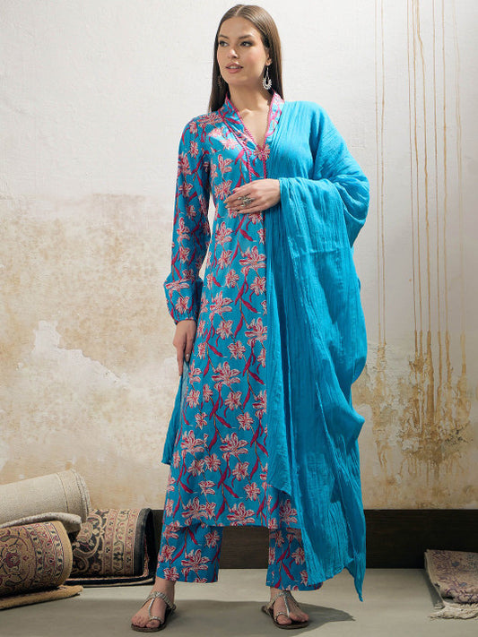 Floral Printed Pure Cotton A-Line Kurta With Palazzos And Dupatta