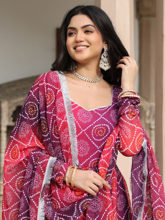 ASHEERA Women Bandhani Printed Angrakha Gotta Patti Kurta with Trousers & With Dupatta