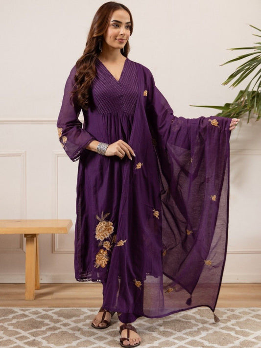 AUTUMN LANE Women Ethnic Motifs Printed Pure Cotton A-Line Kurta with Trouser & Dupatta