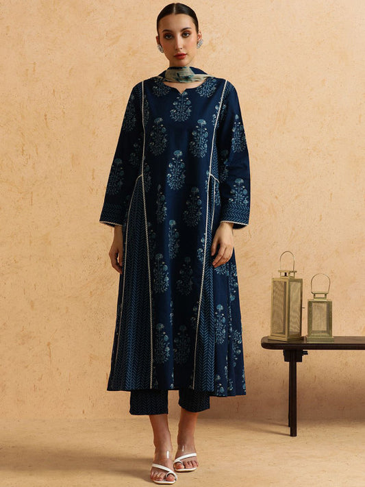 STYLEBAAZI Floral Printed Panelled Pure Cotton A-Line Kurta With Trousers And Dupatta