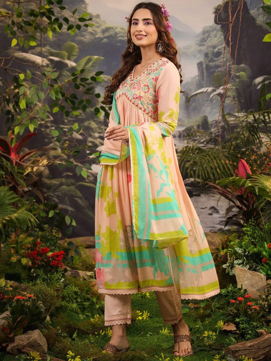 AARAAS Women Floral Embroidered Pure Cotton Anarkali Kurta with Pyjama & Dupatta