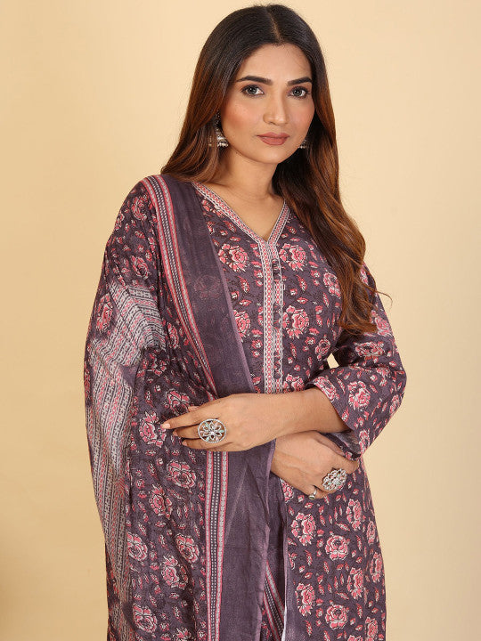 Floral Printed V Neck Pure Cotton Straight Kurta & Trousers With Dupatta