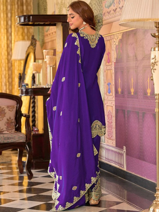 Indo Era Floral Embroidered Sequinned Chinon A-Line Kurta With Palazzos & Dupatta