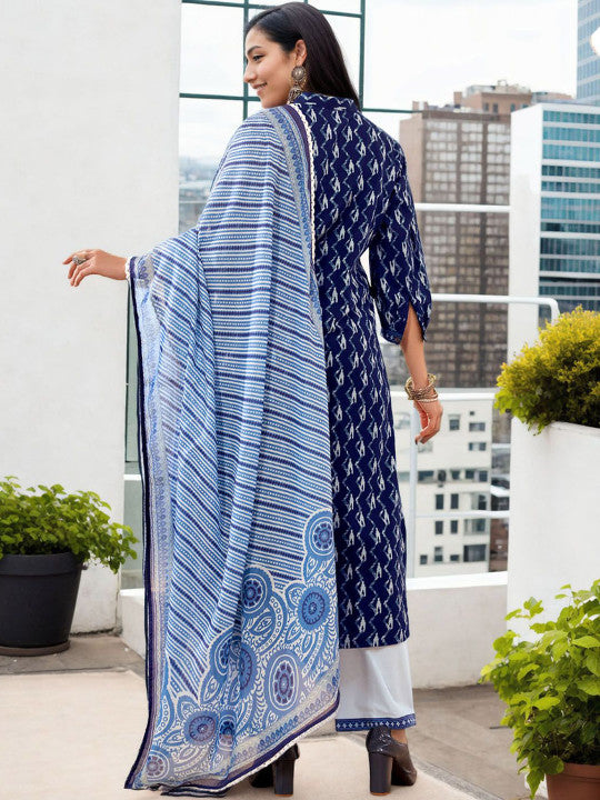 Anouk Chevron Printed Mandarin Collar Pure Cotton Straight Kurta With Palazzos & Dupatta
