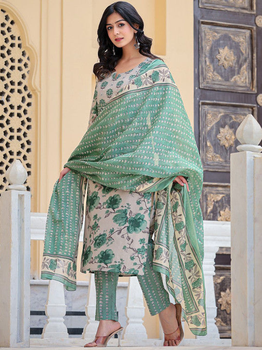AARDRAA Floral Printed Notch Neck Pure Cotton Straight Kurta With Trousers & Dupatta
