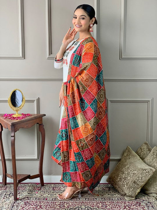 Embroidered Round Neck Kurta With Trousers & Dupatta