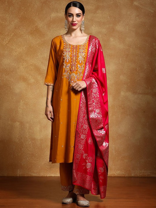 House of Pataudi Floral Embroidered Zari Work Straight Kurta