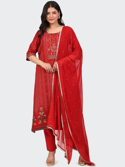 HUE & HIDE Floral Embroidered Round Neck Zari Straight Kurta With Trousers & Dupatta