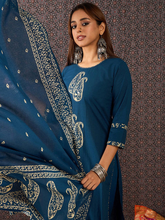 Indo Era Printed Round Neck Thread Work Pure Cotton Straight Kurta With Trousers & Dupatta