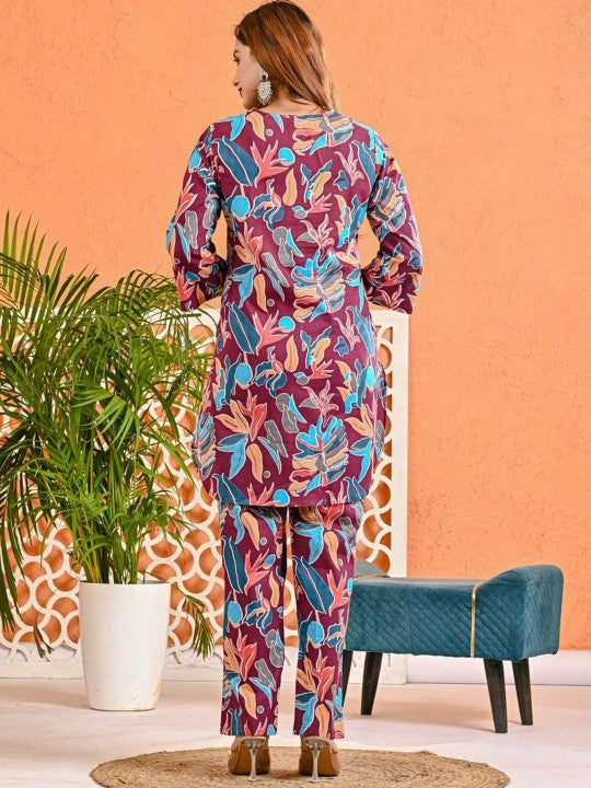 Floral Printed Pure Cotton V-Neck Tunic With Trouser