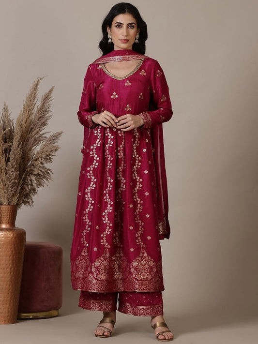 AURELIA Floral Self Design Beads and Stones A-Line Kurta