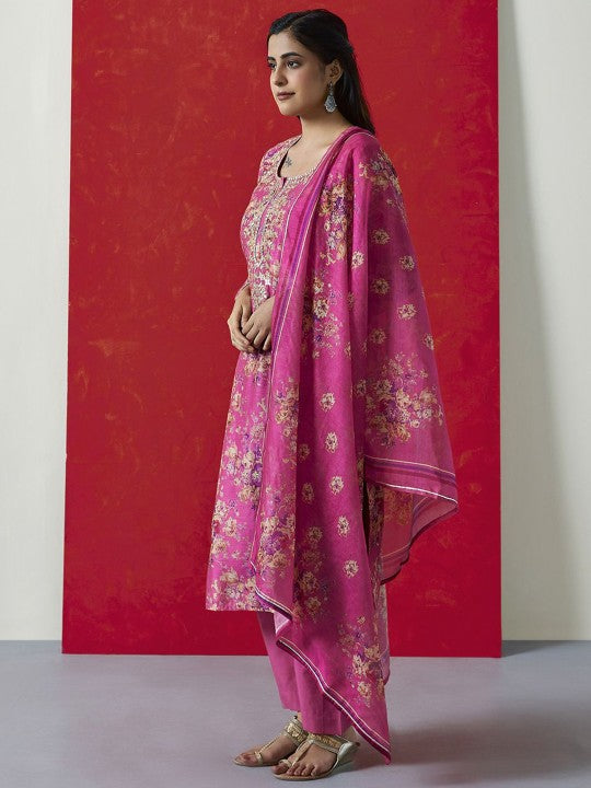 Heritage Floral Printed Round Neck Zari Pure Cotton Straight Kurta & Trouser With Dupatta