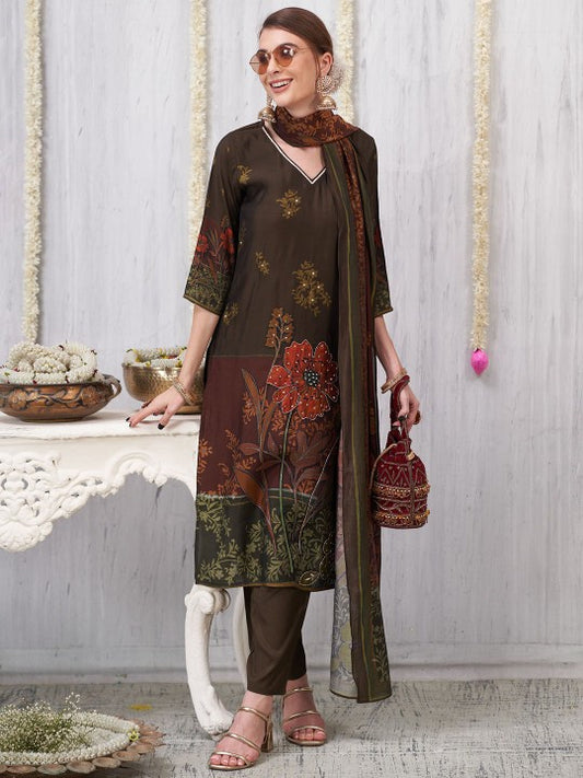 Anouk Women Floral Printed Regular Sequinned Chanderi Silk Kurta