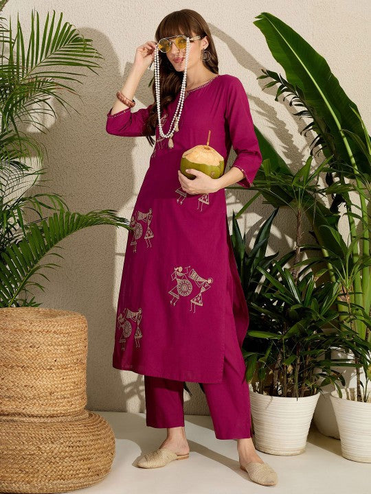 Indo Era Embroidered Round Neck Straight Pure Cotton Kurta & Trousers
