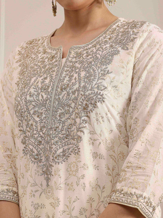 Biba Embroidered Notch Neck Thread Work Pure Cotton Kurta With Trousers & Dupatta