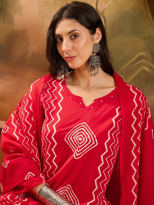 Vastramyaa Women Geometric Printed Pure Cotton Kurta with Trousers & Dupatta