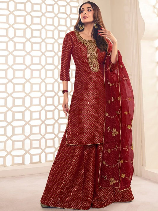 Inddus Zari Woven Yoke Design Embroidered Stright Kurta