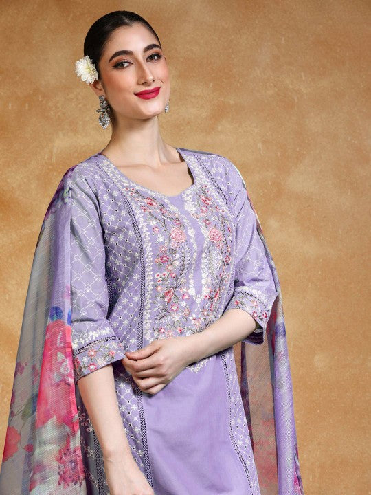 Varanga Women Floral Embroidered Kantha Work Pure Cotton Kurta Trousers & With Dupatta