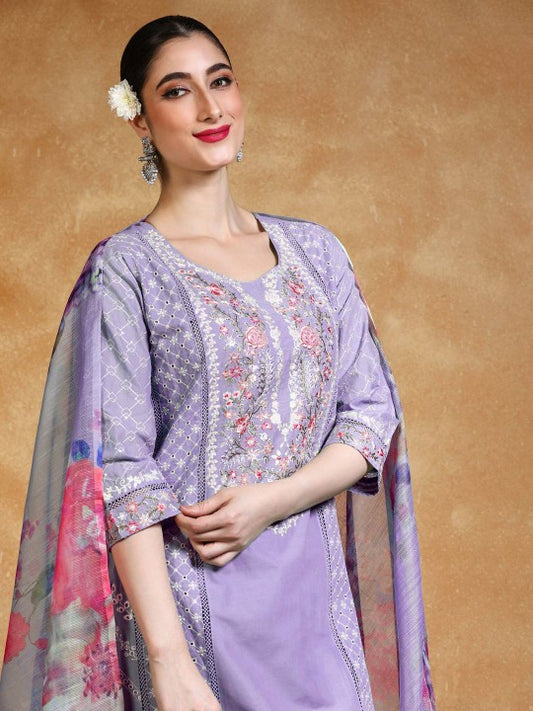 Varanga Women Floral Embroidered Kantha Work Pure Cotton Kurta Trousers & With Dupatta