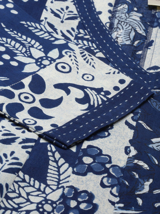 anayna Blue Floral Ethnic A-Line Cotton Maxi Ethnic Dress