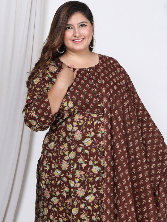 Swasti Plus Size Floral Printed Pure Cotton Kurta With Trousers & Dupatta