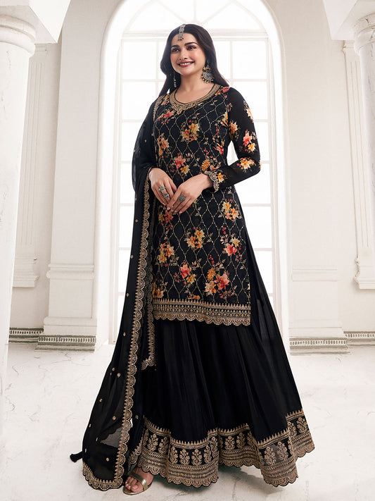 Black Embroidered Printed Kurta with Sharara and Dupatta (Set of 3)