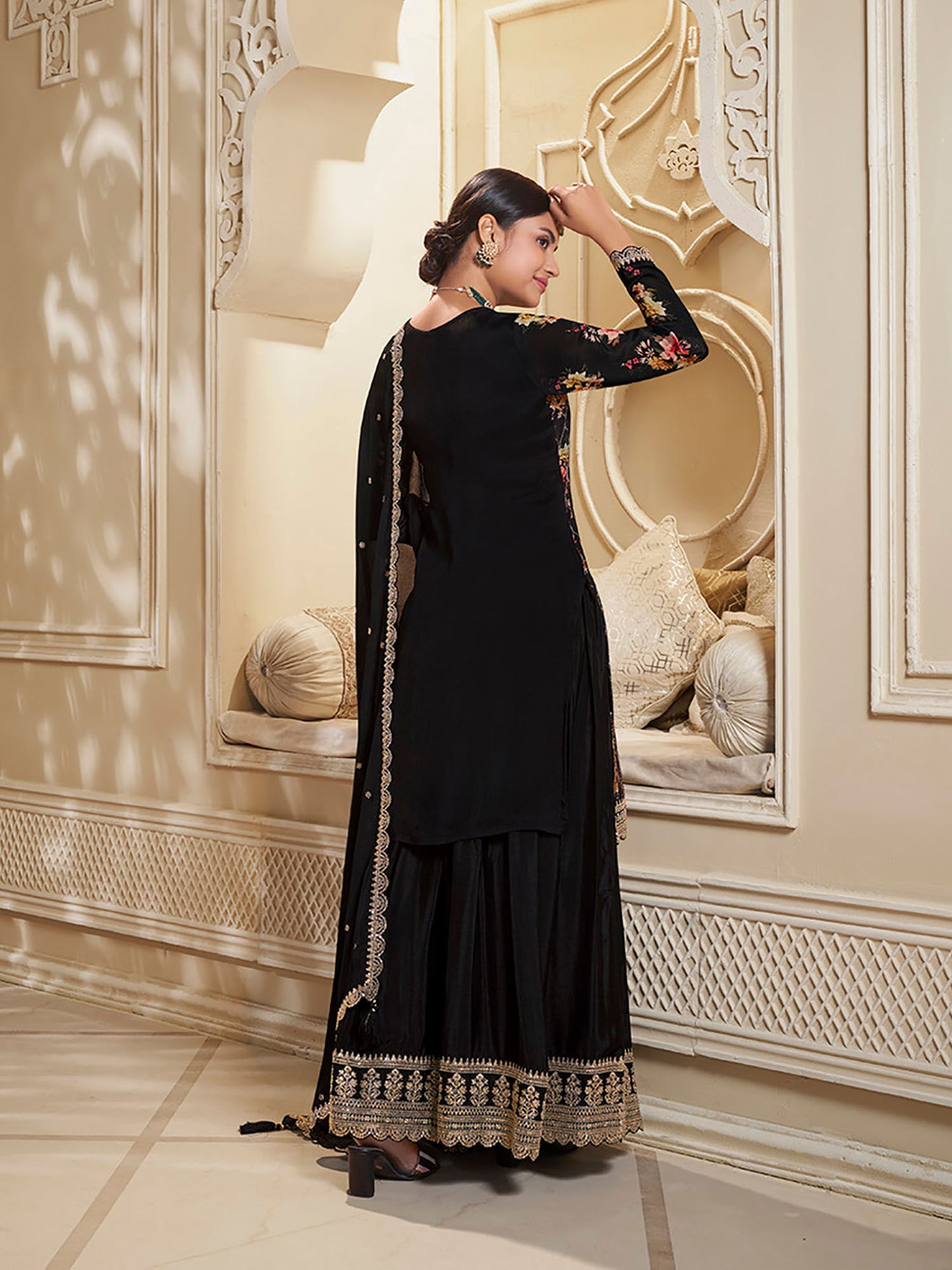 Black Embroidered Printed Kurta with Sharara and Dupatta (Set of 3)