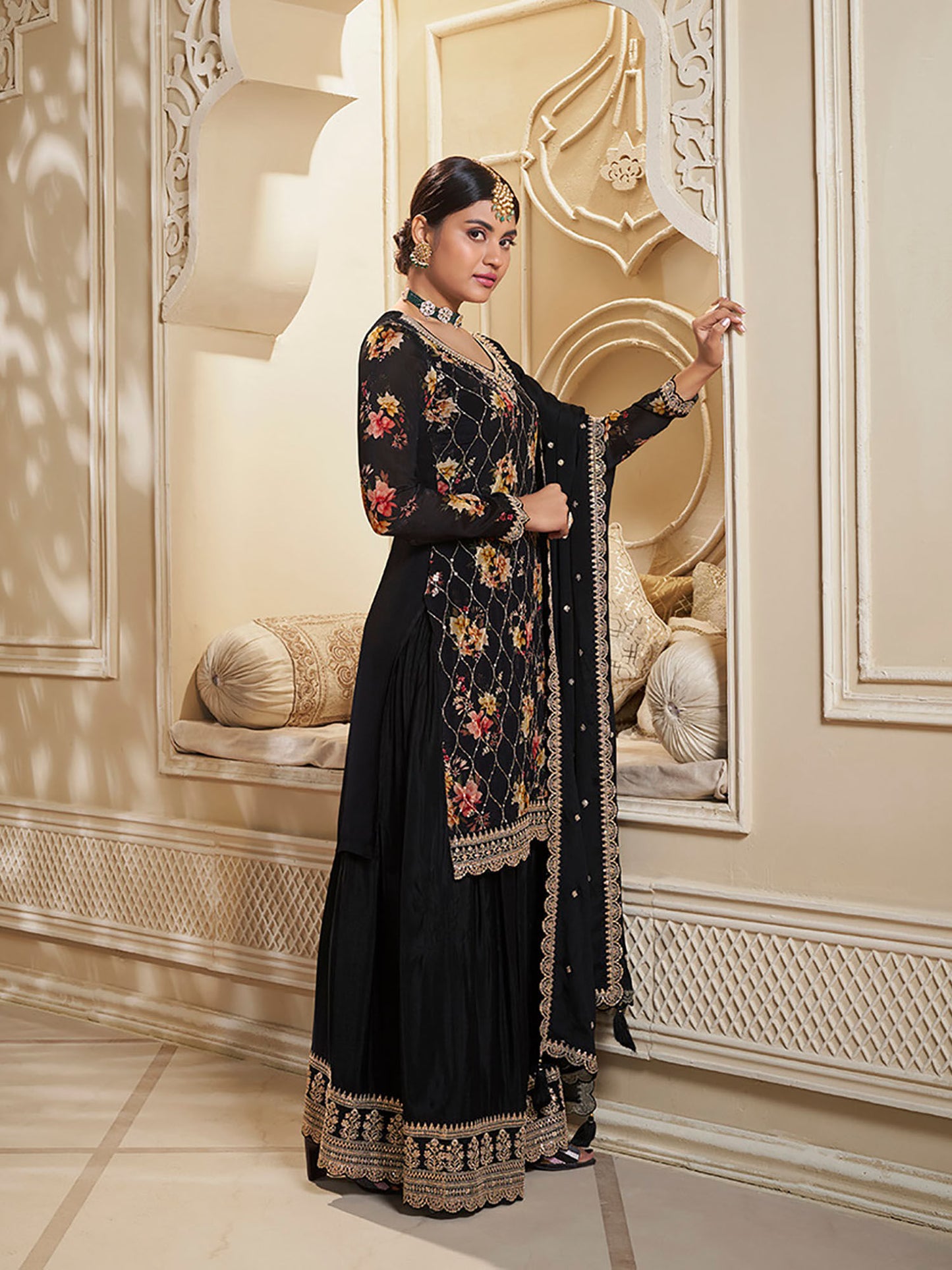 Black Embroidered Printed Kurta with Sharara and Dupatta (Set of 3)