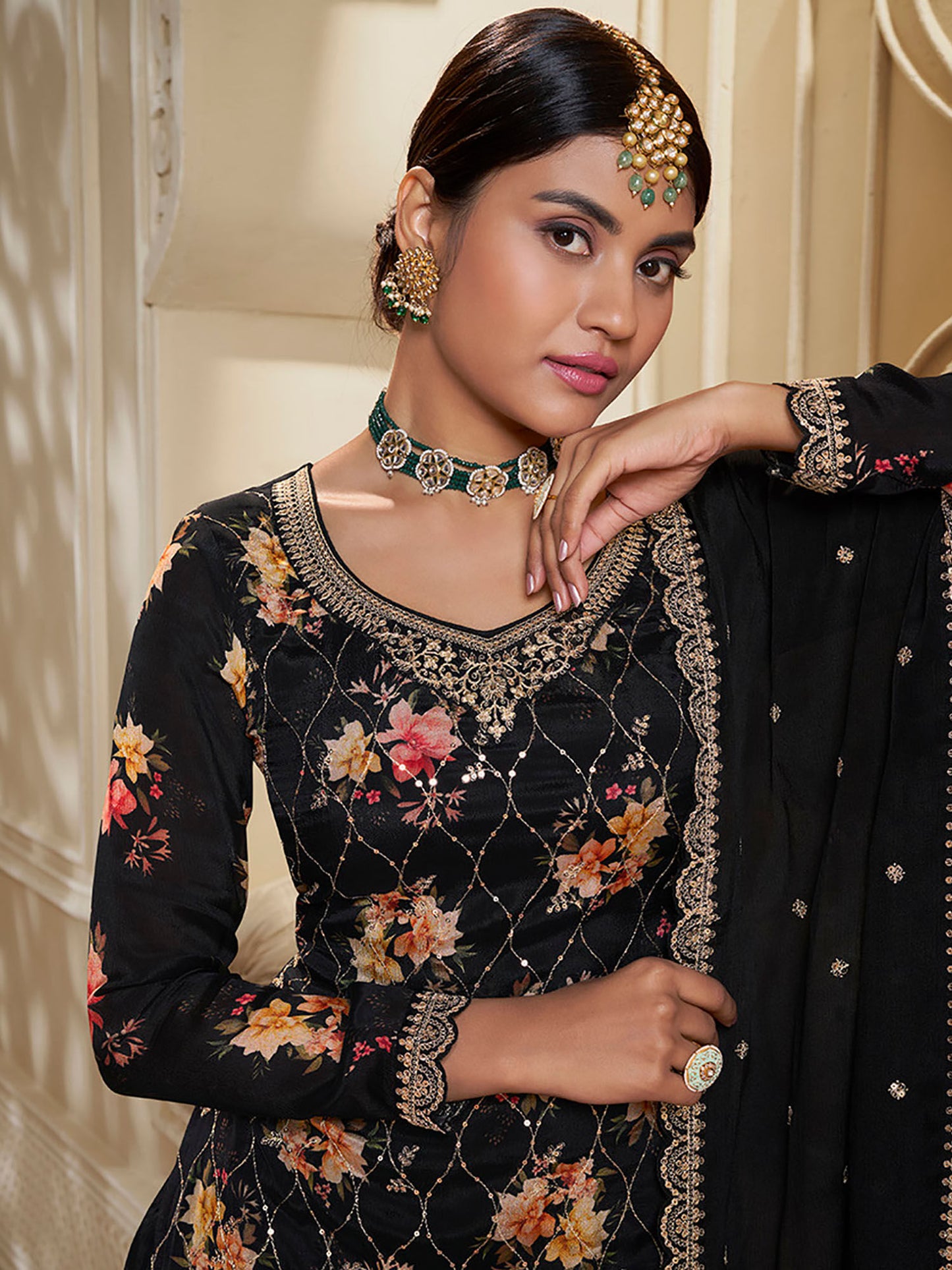 Black Embroidered Printed Kurta with Sharara and Dupatta (Set of 3)