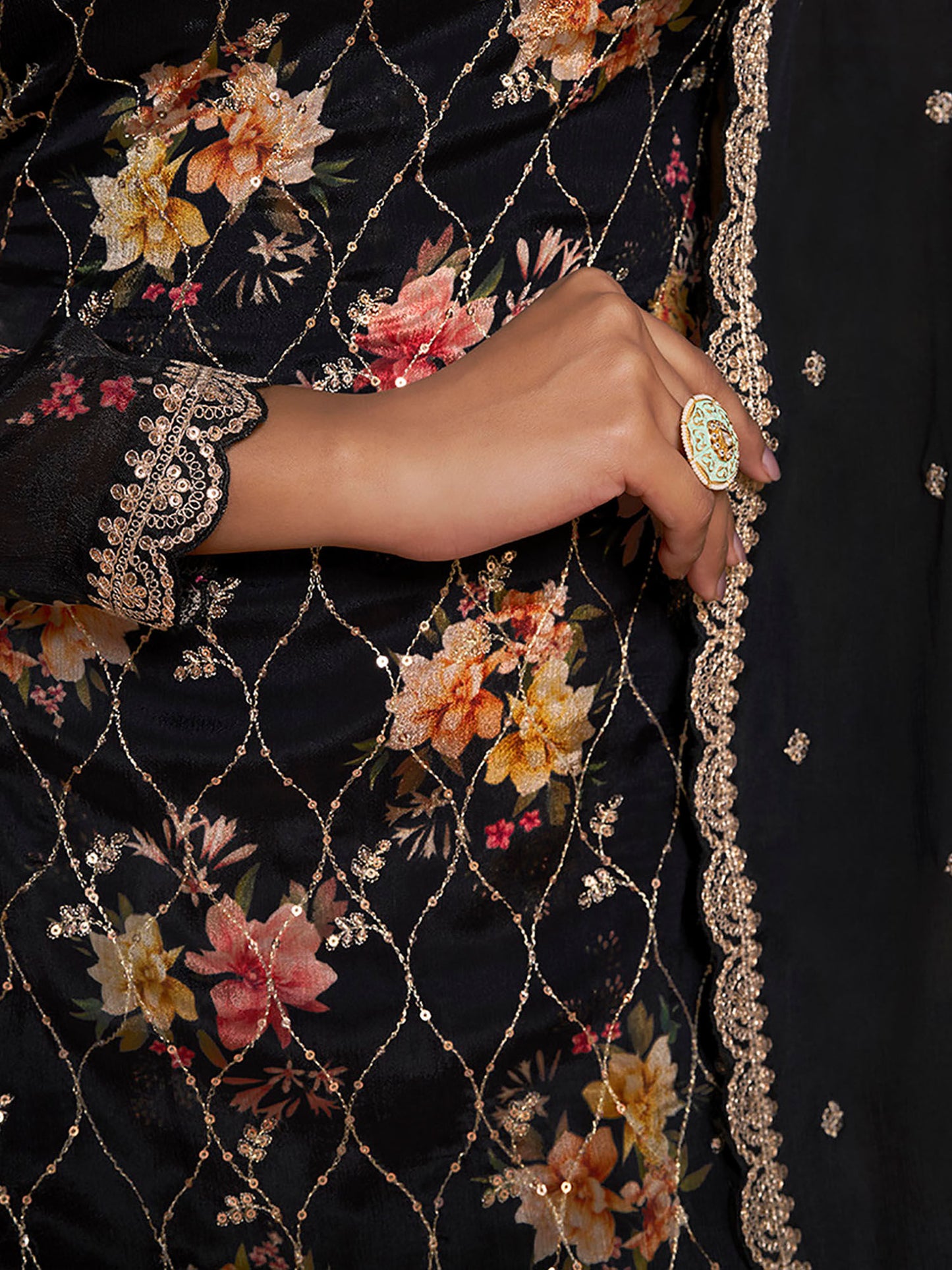 Black Embroidered Printed Kurta with Sharara and Dupatta (Set of 3)