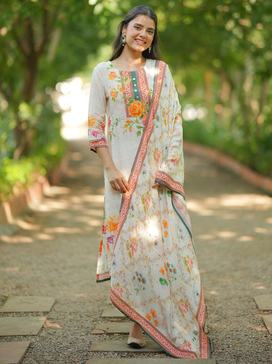Floral Printed Regular Beads and Stones Kurta with Trousers & Dupatta