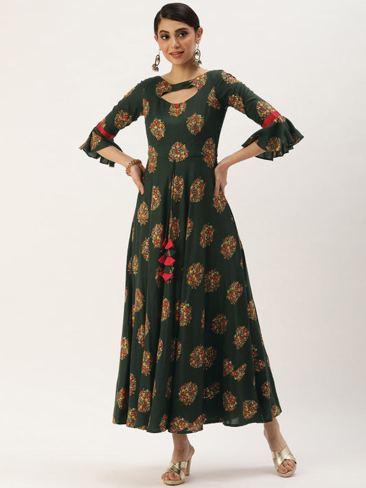 Ethnovog Green Ethnic Motifs Ethnic A-Line Maxi Dress