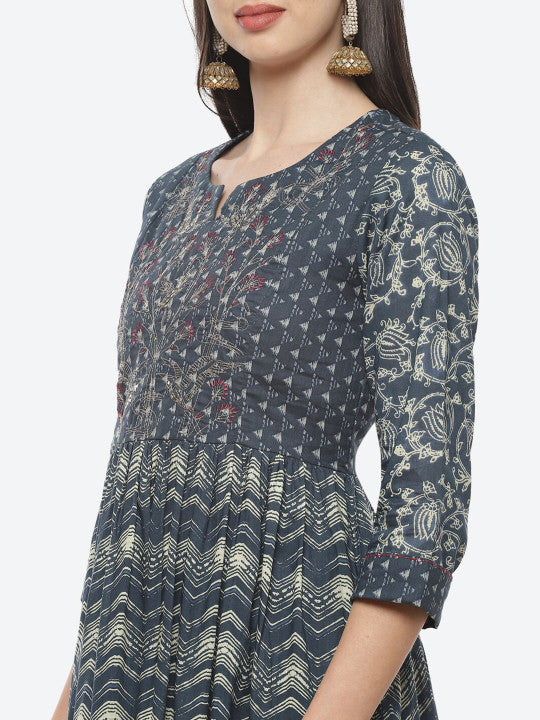 Biba Navy Blue Ethnic Motifs Ethnic A-Line Midi Dress