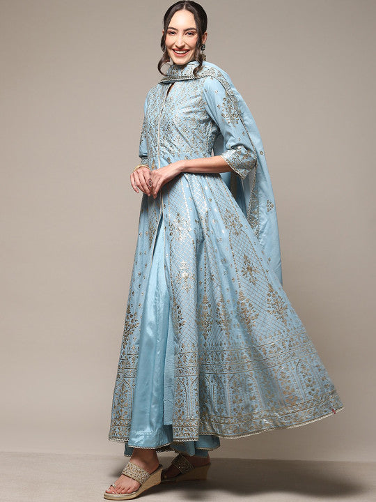 Biba Ethnic Motifs Embroidered High Slit Kurta With Palazzos & Dupatta