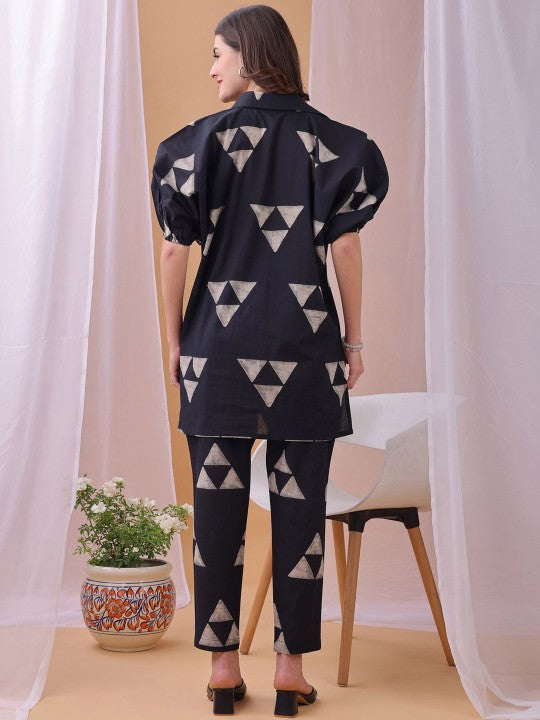 Fourleaf Printed V Neck Shirt Collar Shirt With Trousers Co-Ords