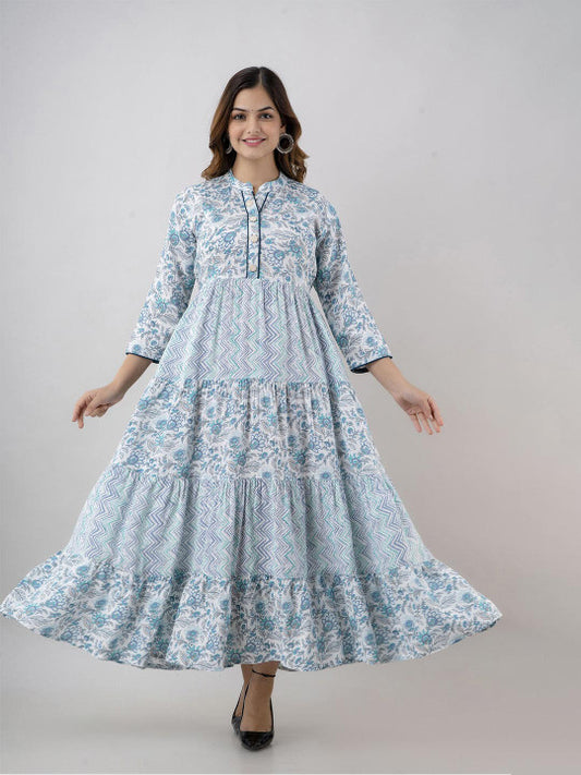 BAESD Floral Printed Mandarin Collar Gathered Tiered Fit & Flare Maxi Ethnic Dress