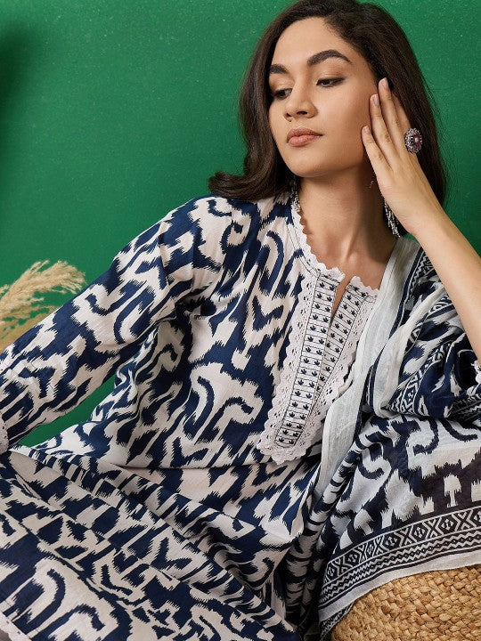 Printed Pure Cotton Straight Kurta With Trousers & Dupatta