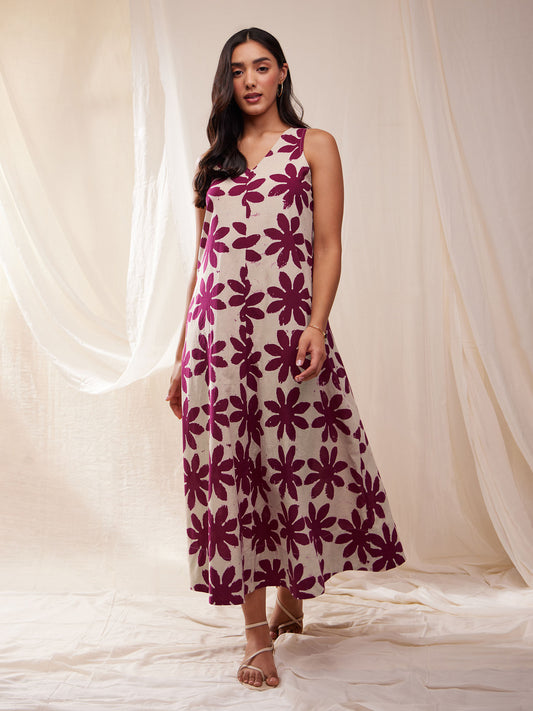 Cotton Dabu Hand Block Floral Dress- Cream