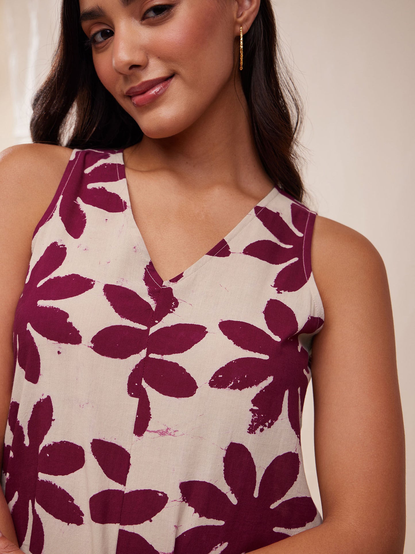 Cotton Dabu Hand Block Floral Dress- Cream