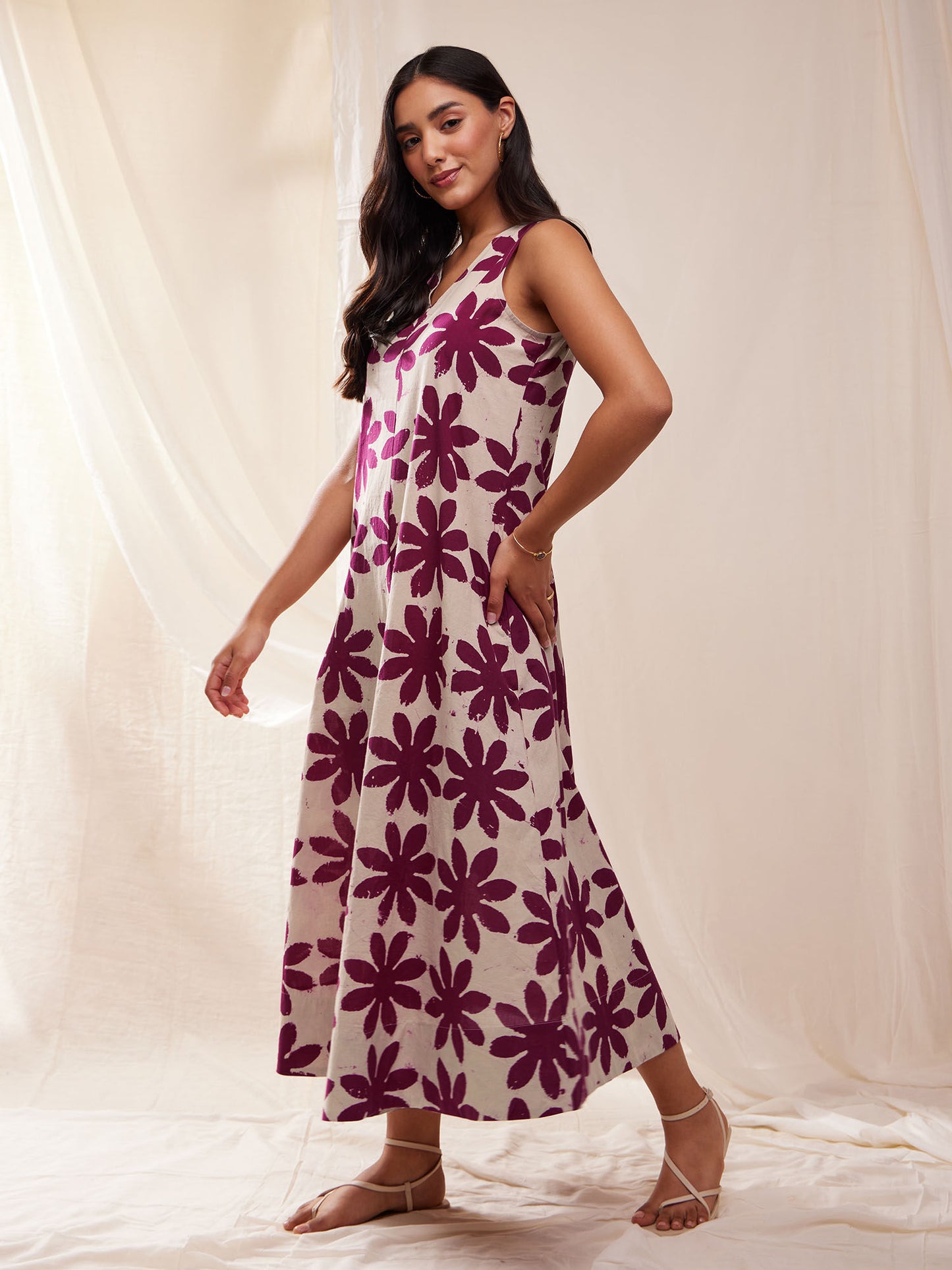 Cotton Dabu Hand Block Floral Dress- Cream