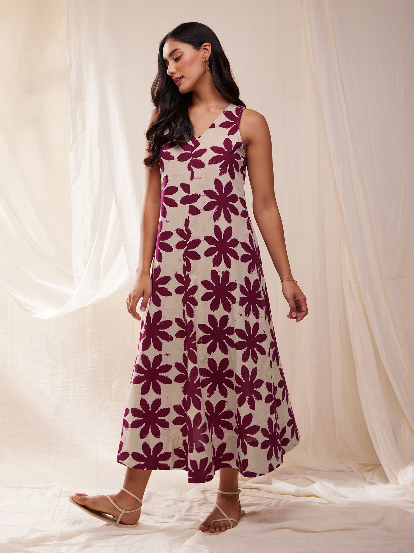 Cotton Dabu Hand Block Floral Dress- Cream