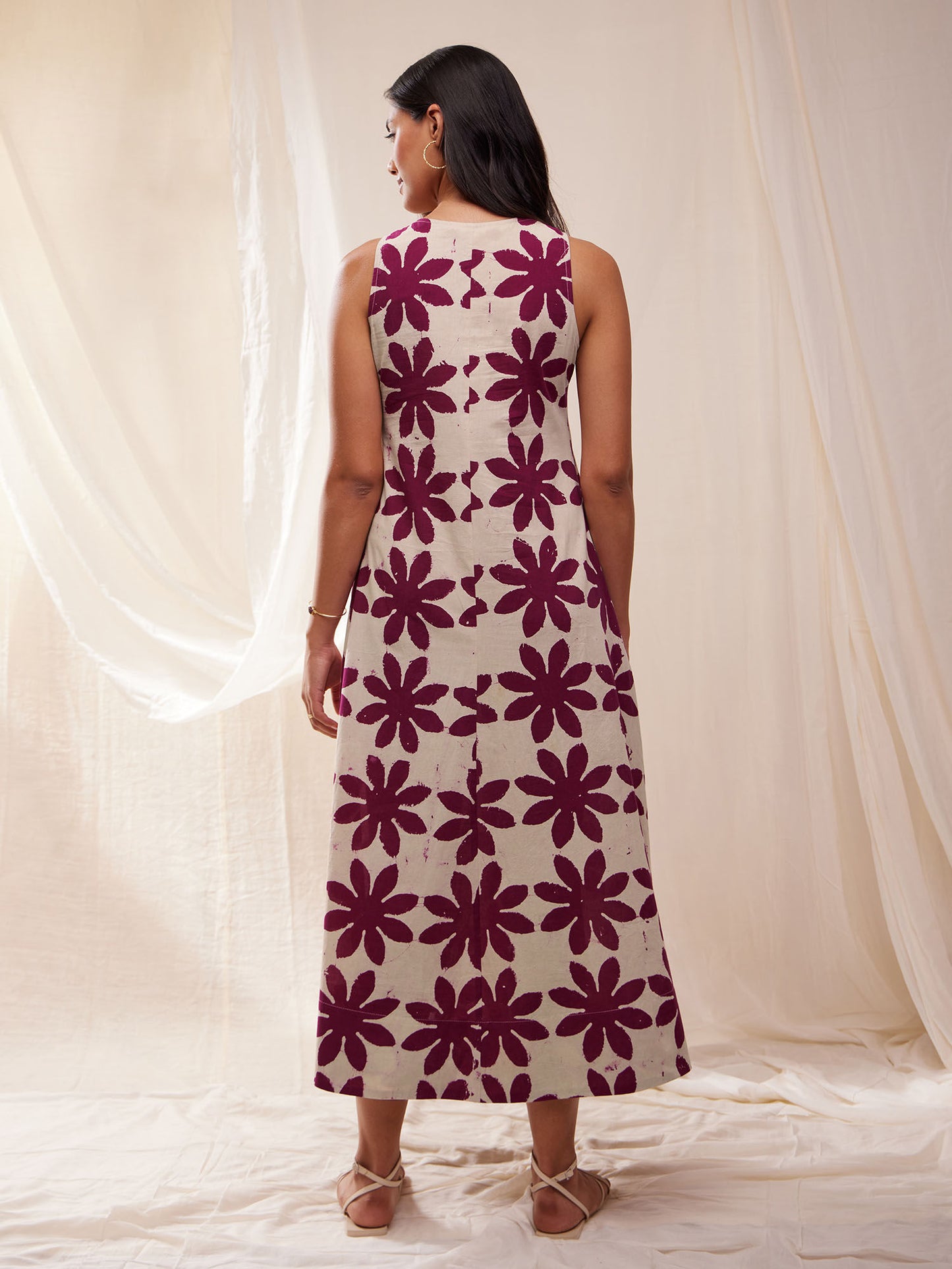 Cotton Dabu Hand Block Floral Dress- Cream