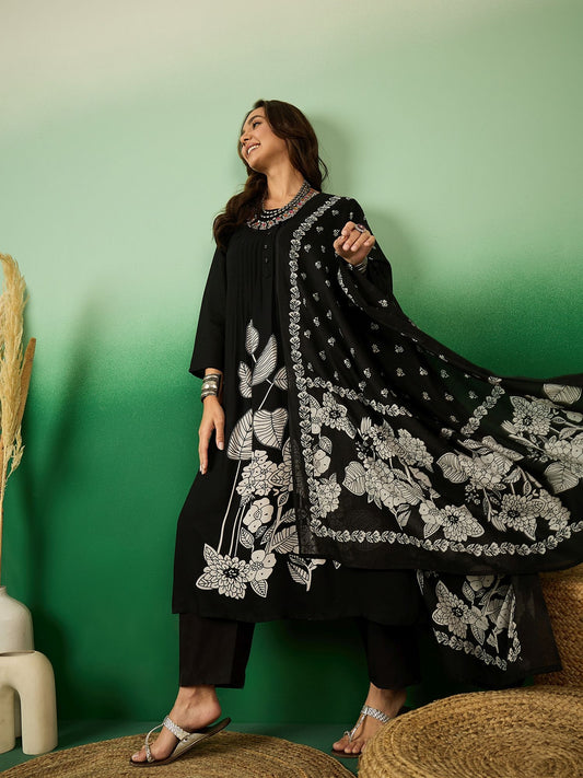 Women Black Pintex A-Line Kurta with Trouser &amp; Dupatta (Set of 3)