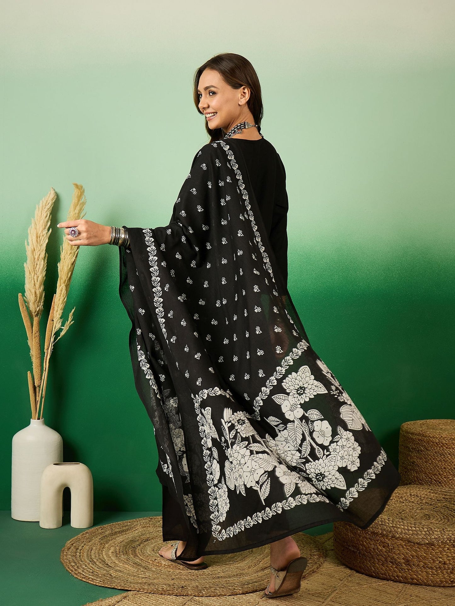 Women Black Pintex A-Line Kurta with Trouser &amp; Dupatta (Set of 3)