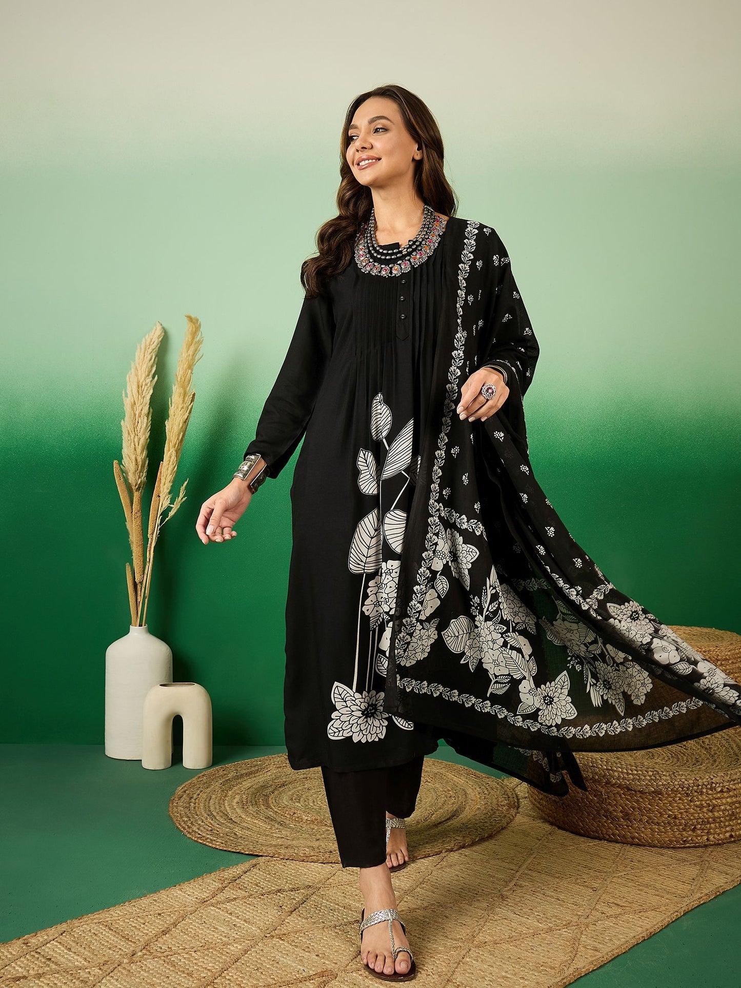 Women Black Pintex A-Line Kurta with Trouser &amp; Dupatta (Set of 3)